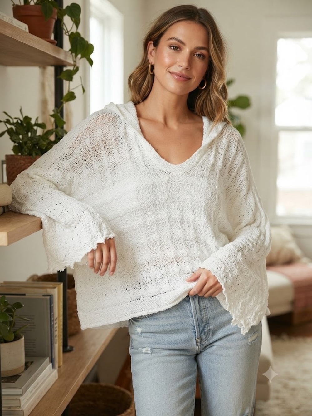 Anthropologie POL V-Neck Hooded Cable Knit Sweater Oversized Crop - #227